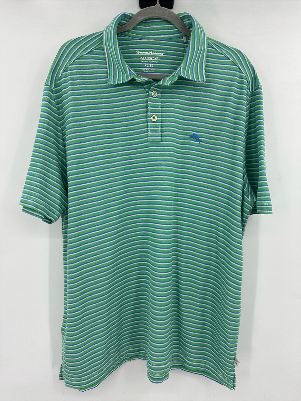 Tommy Bahama Islandzone Green, Blue, and White Striped Polo